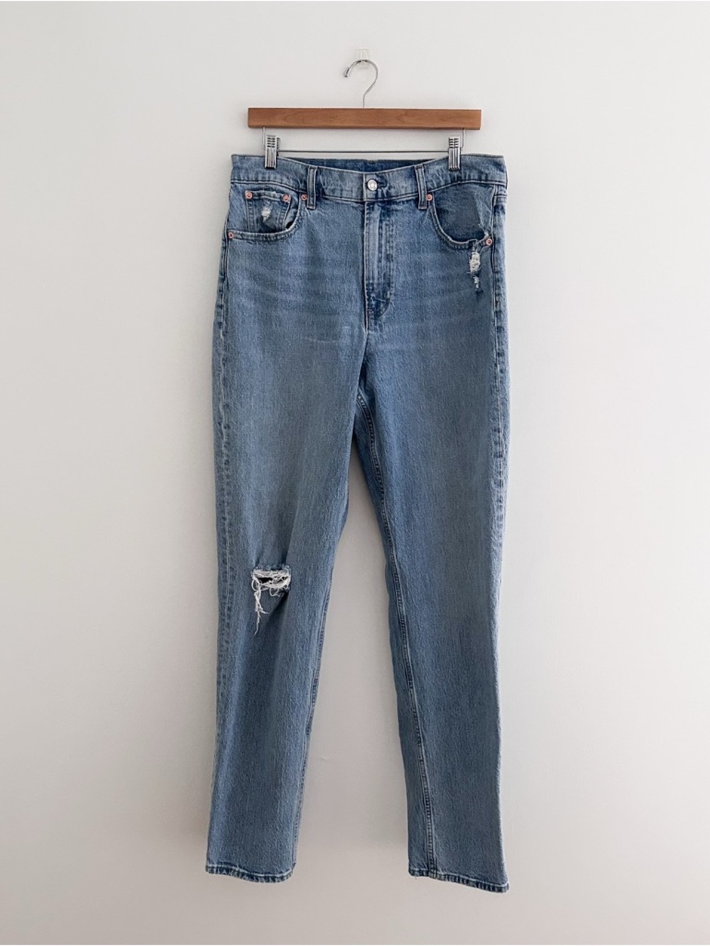 Gap Sky High Straight Leg Jeans | Rigid Denim | Light Wash Distressed | 14 Tall - Picture 9 of 12